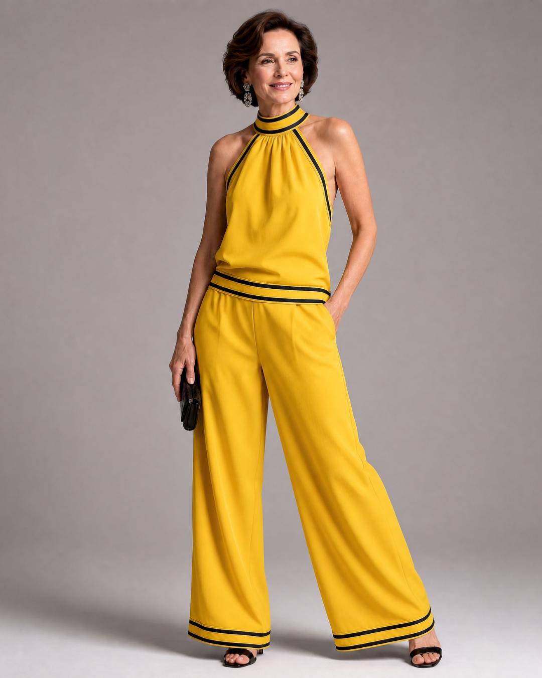 Zephyrine | Contrast Trim Halter Neck Wide Leg Jumpsuit-5