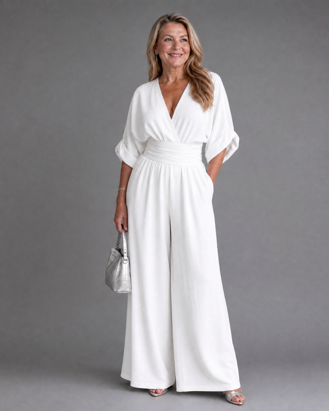 Emene | Draped V Neck Wide Leg Relaxed Jumpsuit-5