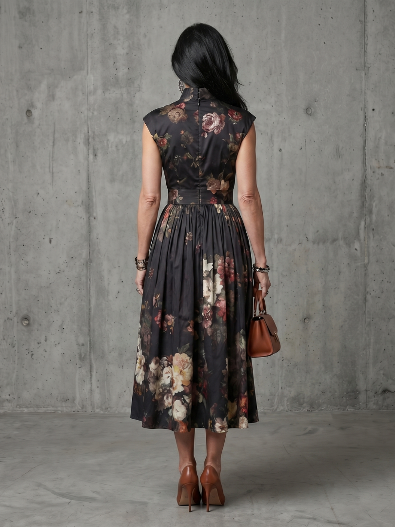 Greta | High Neck Keyhole Floral Pleated Midi Dress-5