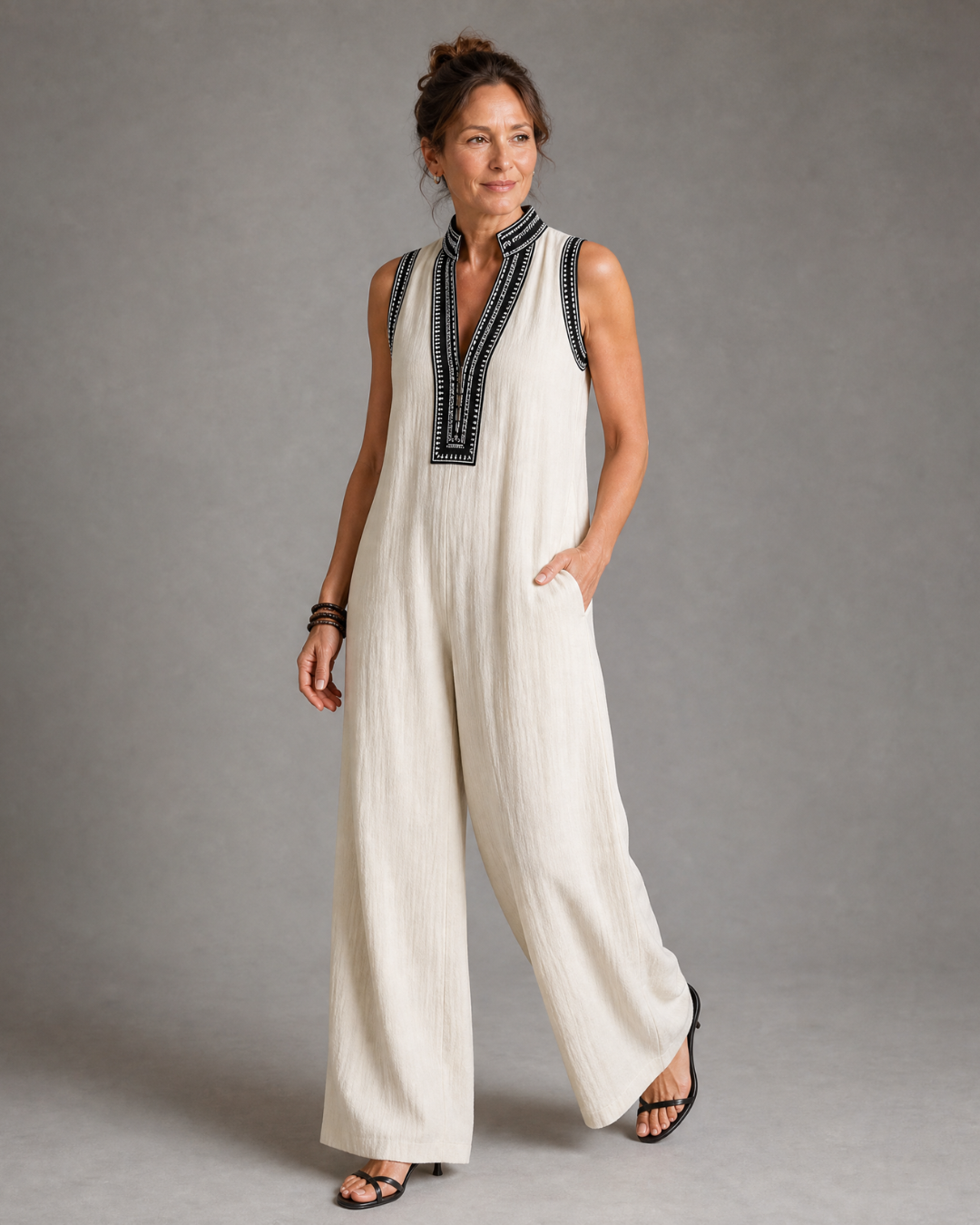 Velmira | Embroidered V Neck Sleeveless Wide Leg Jumpsuit-5
