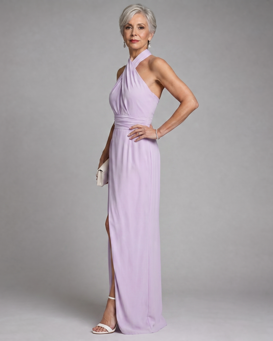 Vaelora | Cross Halter Draped Side Slit Midi Dress-5