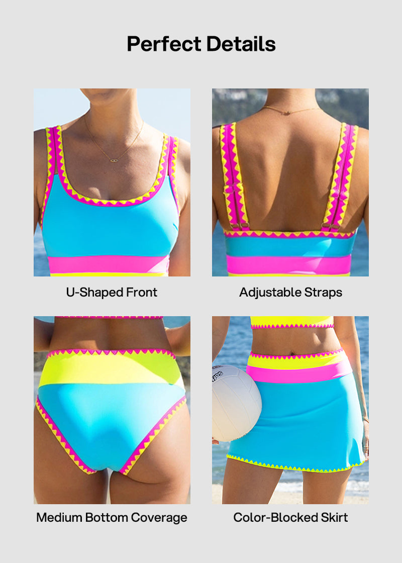 Color Contrast Patchwork Nylon Sporty 3 Piece Bikini Sets-5