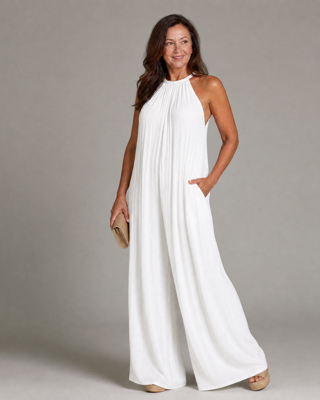 Sylvara | Pleated Halter Neck Wide Leg Relaxed Jumpsuit-5