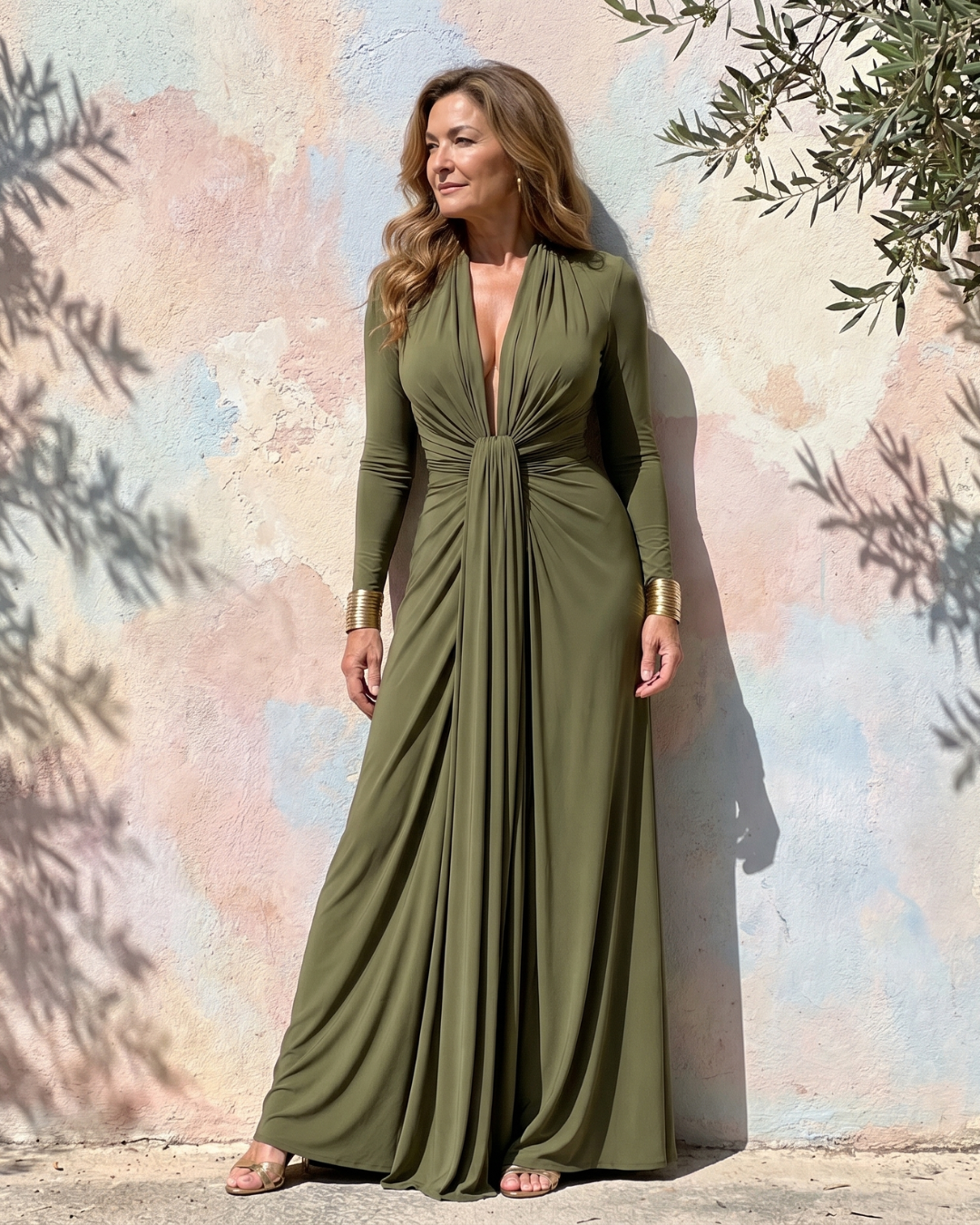 Vimmer | Draped Deep V Neck Long Sleeve Maxi Dress-5