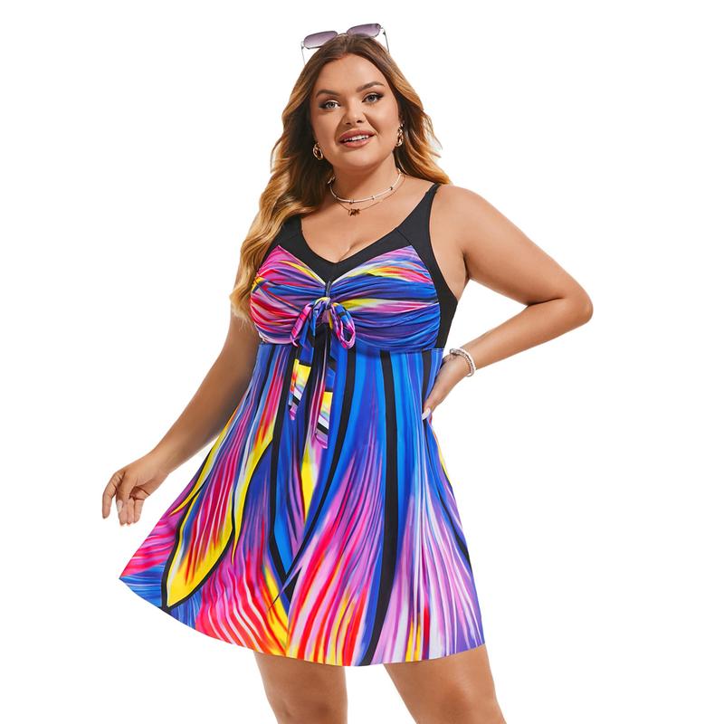 Women's Two Piece Swim Dress Plus Size Tummy Control Tankinis Swimdress Floral Printed Swimwear Swimsuits with Boyshort-6