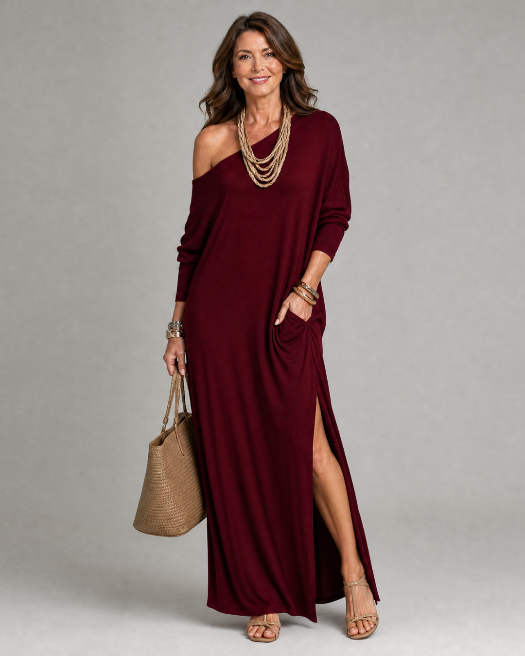 Asterelle | One Shoulder Side Slit Flowing Midi Dress-5