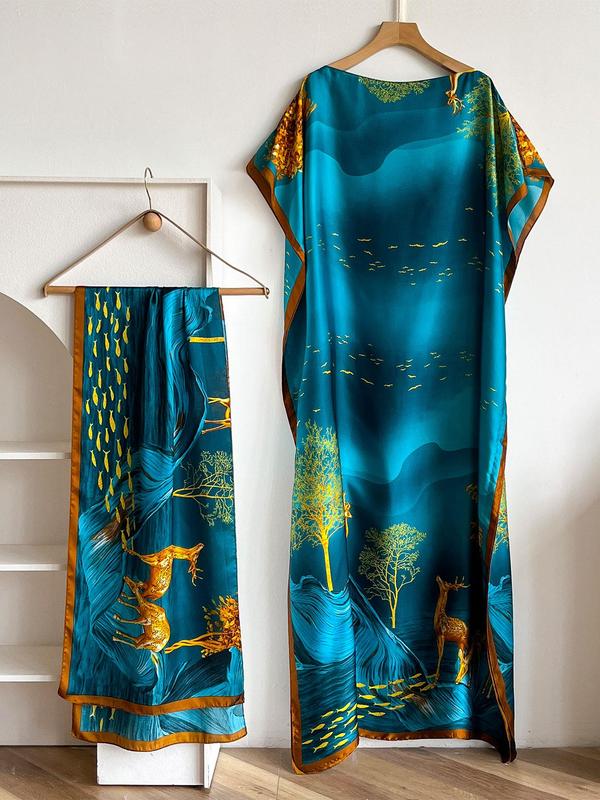 Women's Peacock Print Cape Shawl & Scarf Set – Elegant Beach Swim Cover-Up-9