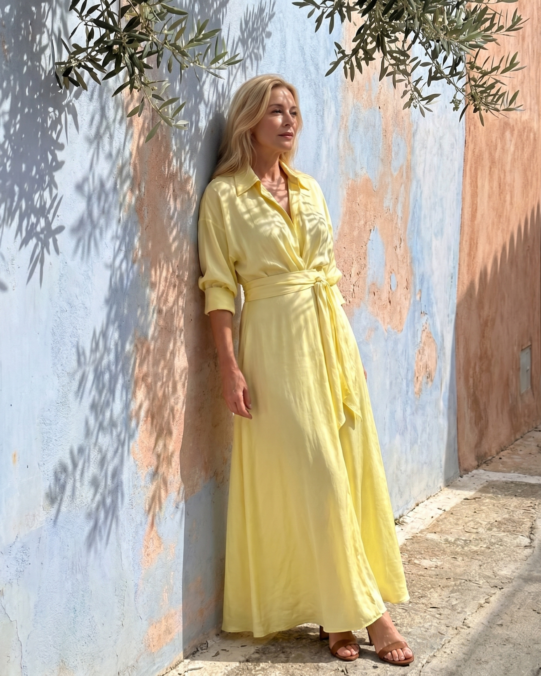 Zelith | Belted Collared Flowing Long Sleeve Midi Dress-5