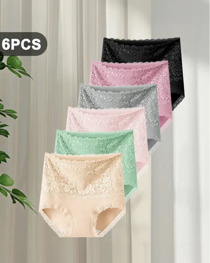Women's Floral Lace High Waist Hip Lifting Cotton Briefs (3 Pack / 6 Pack)-14