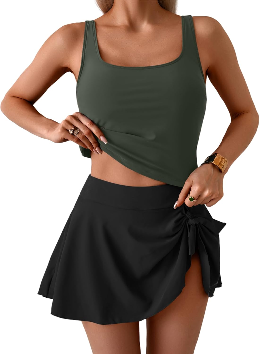Women Tummy Control Two Piece Bathing Suit High Waisted Tank Top with Swim Skirt-8