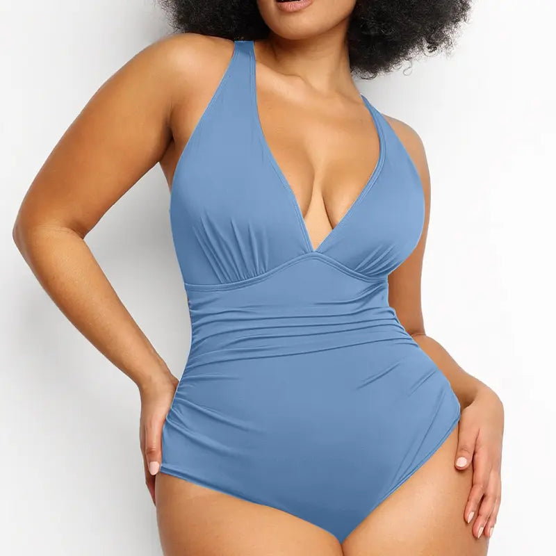 One-Piece with Criss Cross Back & Off-Shoulder Neckline Bodycon Swim Bodysuit-4