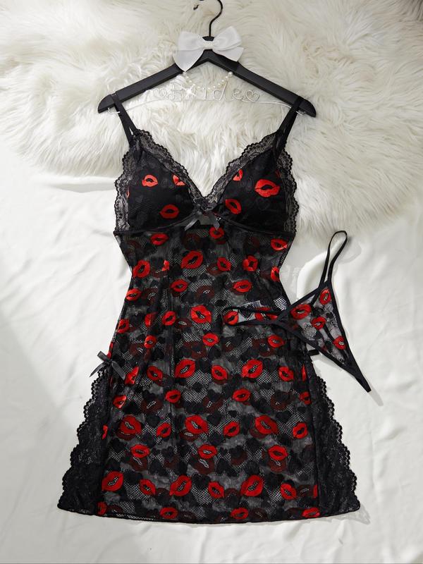 Women's Lip Print Lace Trim Cami Nightdress & Thong Sexy Lingerie Set-7