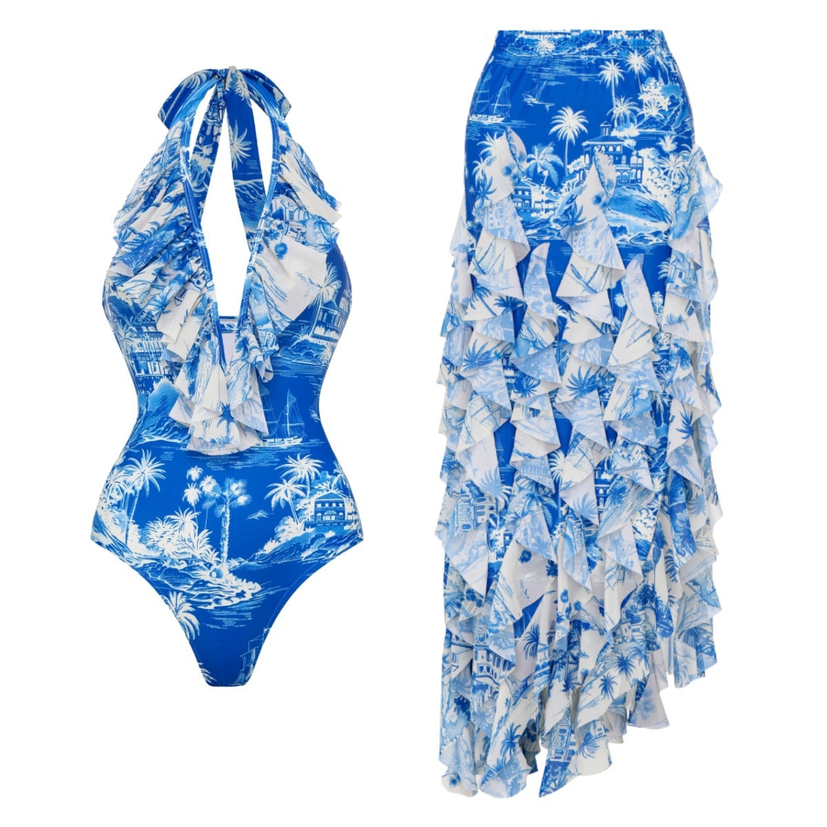 One-piece swimsuit set with blue coconut tree and island print-8