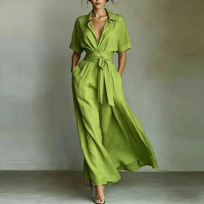 Solid color waist slimming dress-7