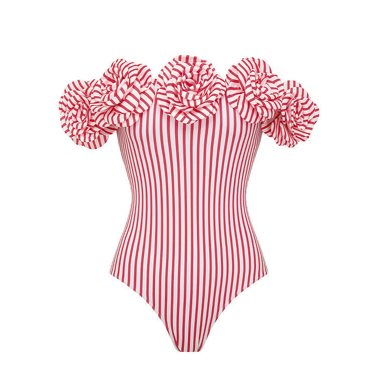 strapless 3D floral striped one-piece swimsuit set for women, hot cross-border trend-7