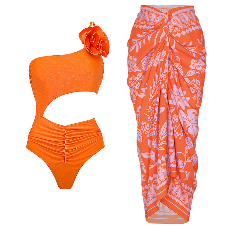 Floral Decorated Off-Shoulder One-Piece Swimsuit Dress Swimwear-6