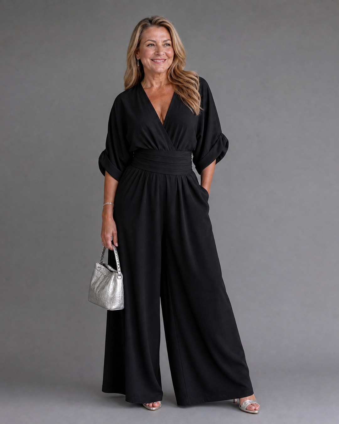 Emene | Draped V Neck Wide Leg Relaxed Jumpsuit-6
