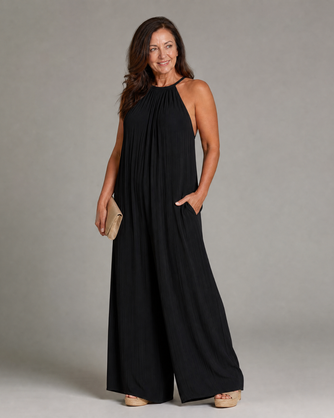 Sylvara | Pleated Halter Neck Wide Leg Relaxed Jumpsuit-6