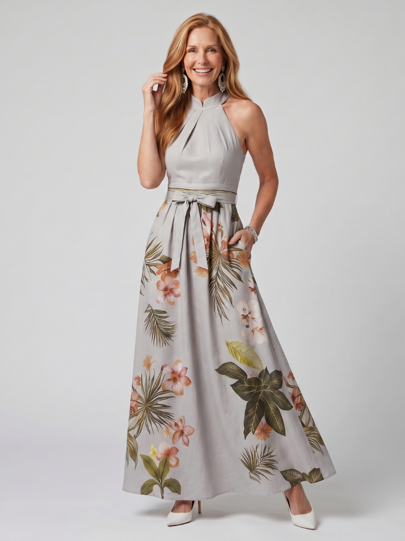 Meadow | Draped Halter Botanical Panel Maxi Dress-5