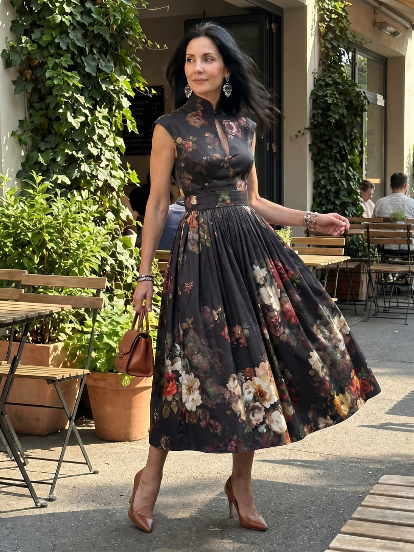 Greta | High Neck Keyhole Floral Pleated Midi Dress-6