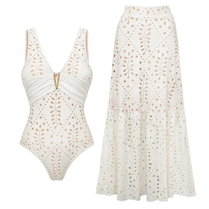 Women's V Neck White Laser Cut One Piece Swimsuit-2