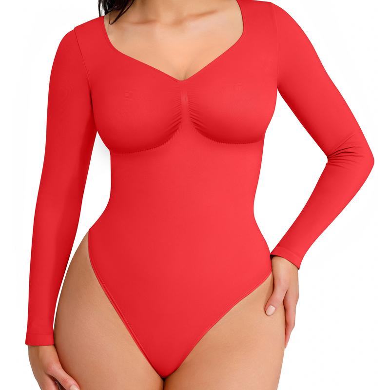 Seamless V-Neck Long Sleeve Shaping Bodysuit-4