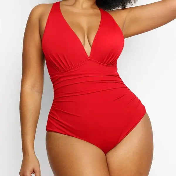 One-Piece with Criss Cross Back & Off-Shoulder Neckline Bodycon Swim Bodysuit-2