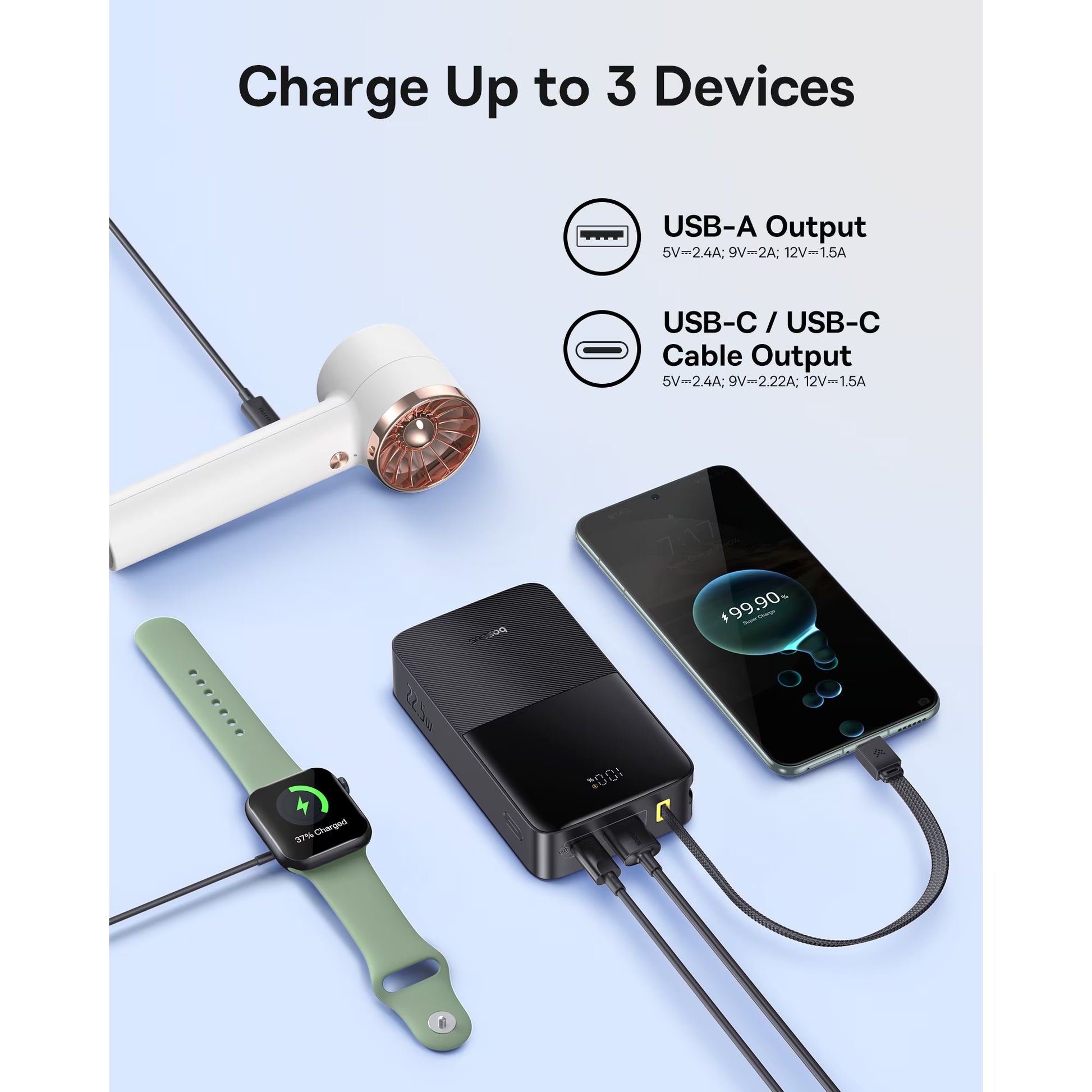 Baseus 20000mAh Power Bank with Built-in Cables, 22.5W Fast Charging Travel Essentials Battery Pack with Digital Display, Black-3