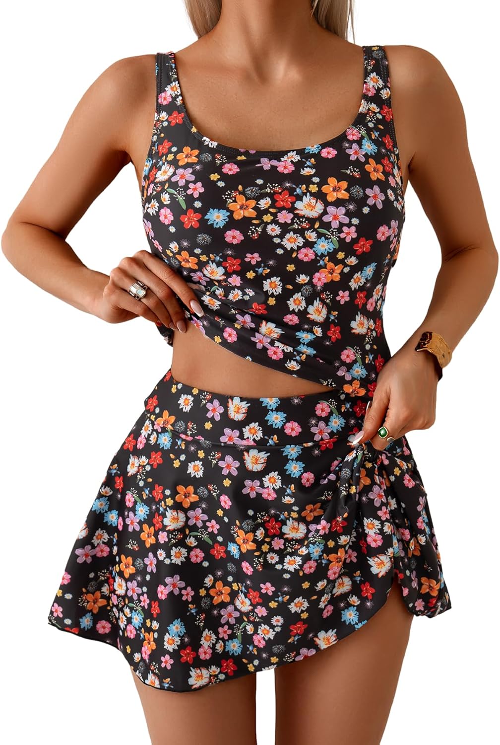 Women Tummy Control Two Piece Bathing Suit High Waisted Tank Top with Swim Skirt-7