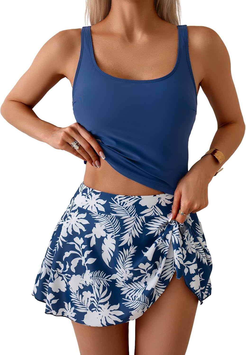 Women Tummy Control Two Piece Bathing Suit High Waisted Tank Top with Swim Skirt-5