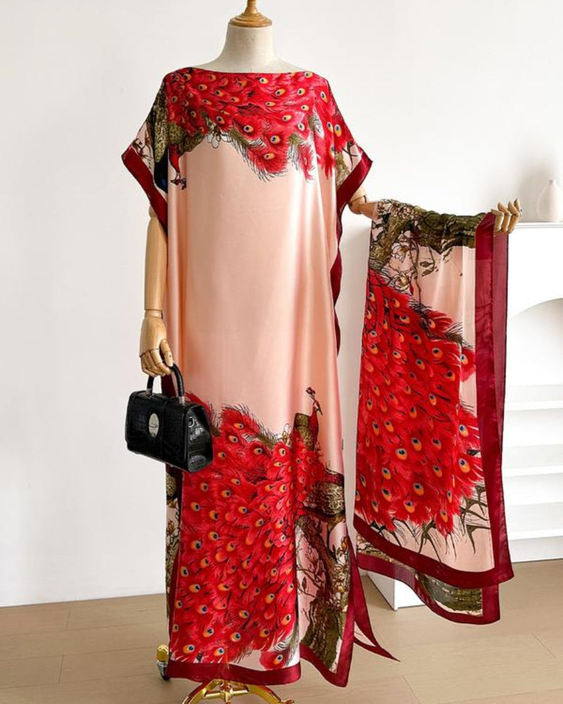 Women's Peacock Print Cape Shawl & Scarf Set – Elegant Beach Swim Cover-Up-4