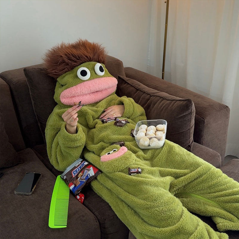 Couple Matching: Lady Long-Hair Onesie with Men's Funny Fish Pajamas, Unique Fall/Winter Loungewear-1