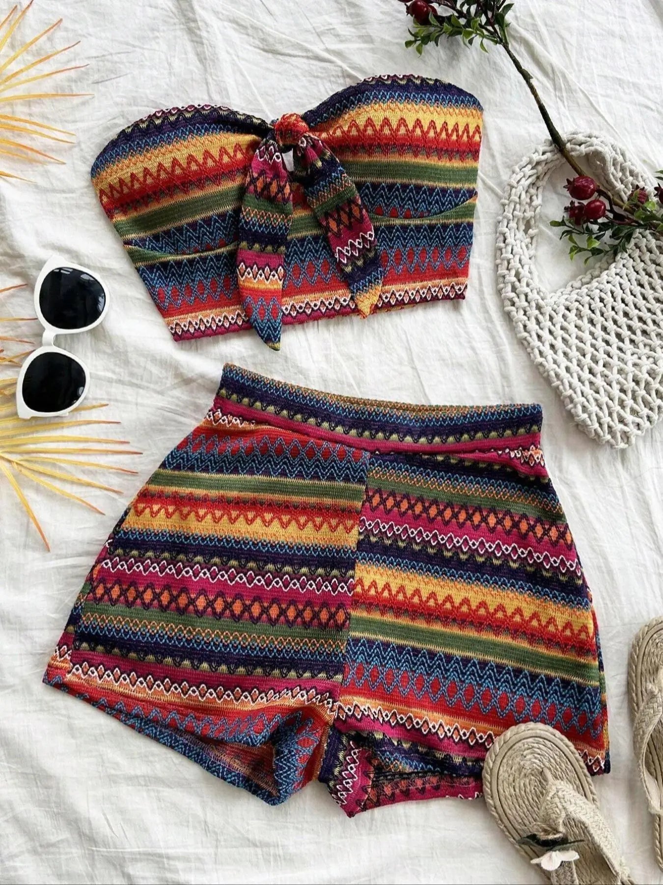 Women's Striped Crop Tube Top & High-Waist Shorts Set – Casual Boho Two-Piece Summer Outfit-1