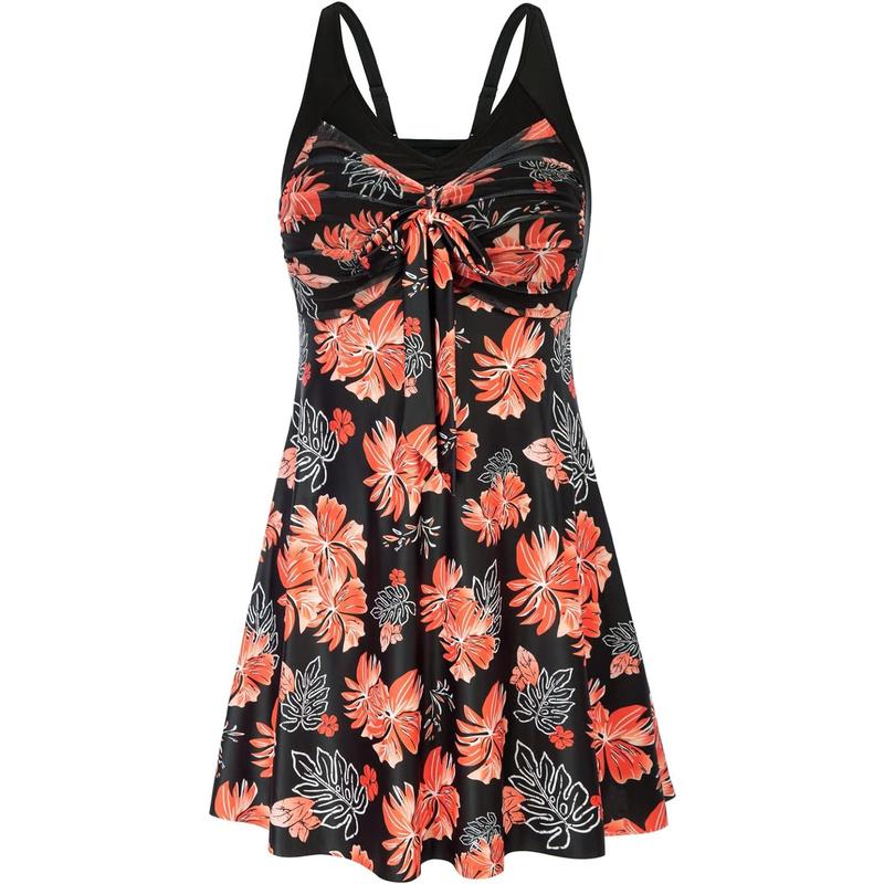 Women's Two Piece Swim Dress Plus Size Tummy Control Tankinis Swimdress Floral Printed Swimwear Swimsuits with Boyshort-14