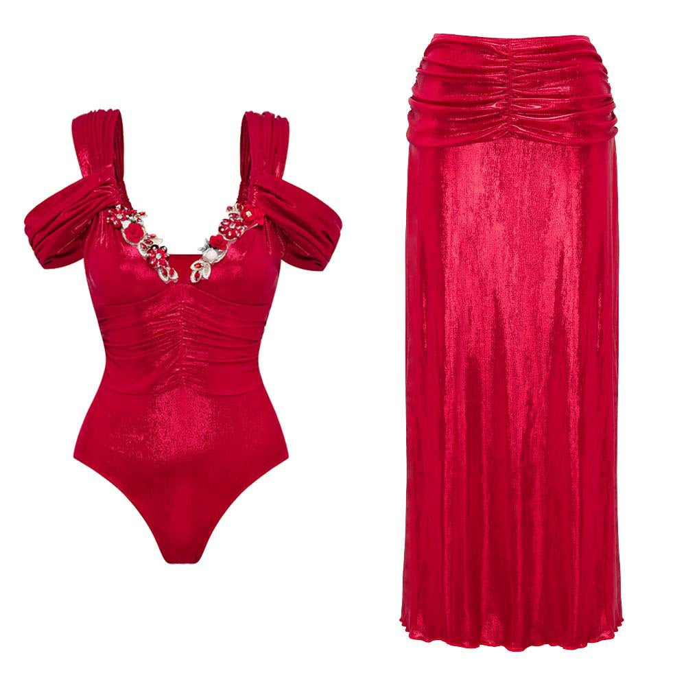 Solid Color Shimmer Fabric One-piece Swimsuit for Women-1