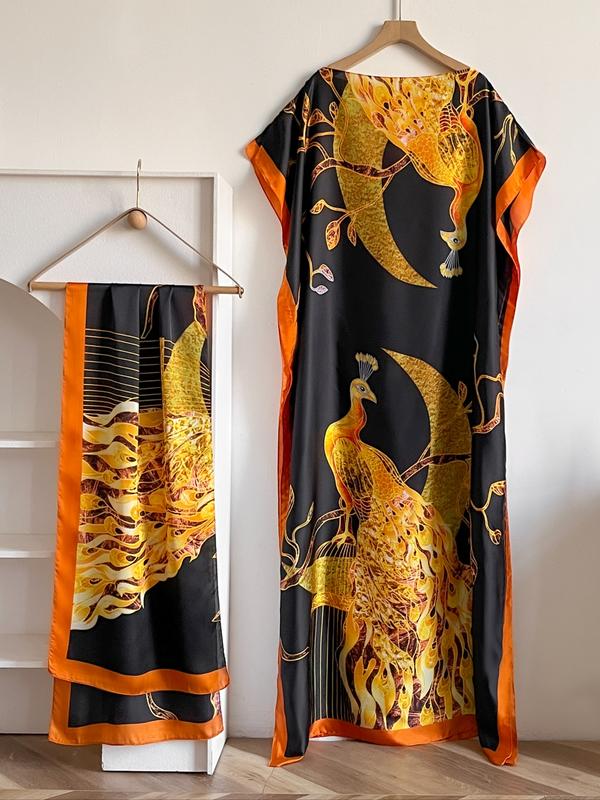 Women's Peacock Print Cape Shawl & Scarf Set – Elegant Beach Swim Cover-Up-11