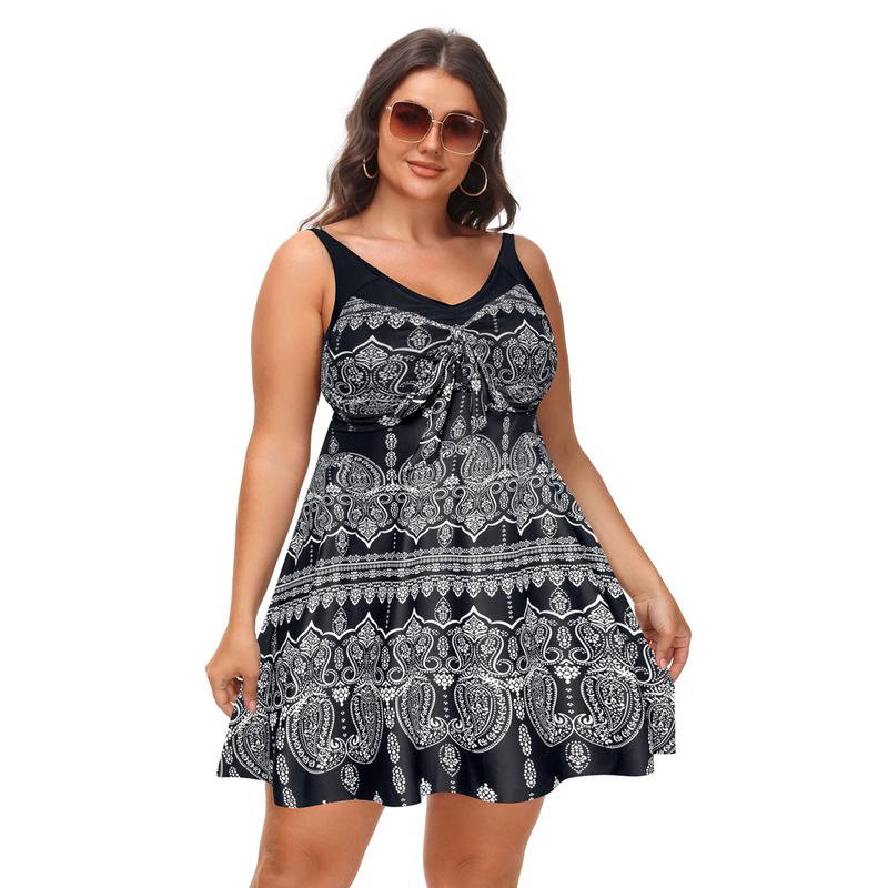 Women's Two Piece Swim Dress Plus Size Tummy Control Tankinis Swimdress Floral Printed Swimwear Swimsuits with Boyshort-8
