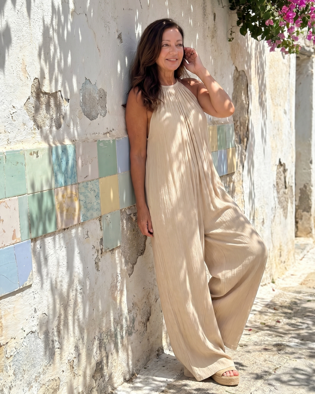 Sylvara | Pleated Halter Neck Wide Leg Relaxed Jumpsuit-7