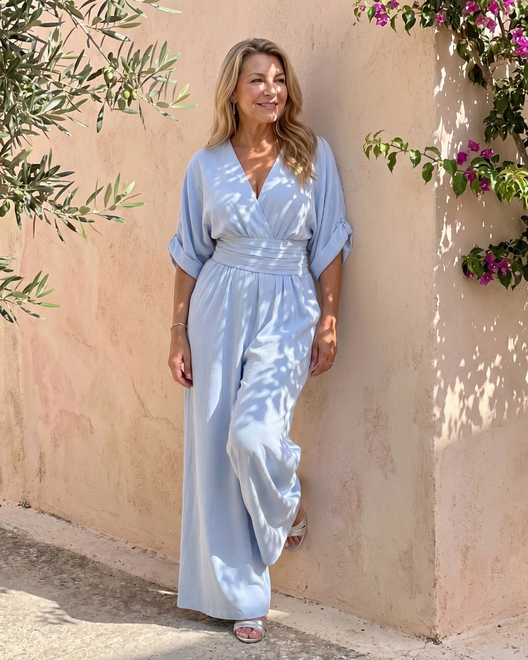 Emene | Draped V Neck Wide Leg Relaxed Jumpsuit-7