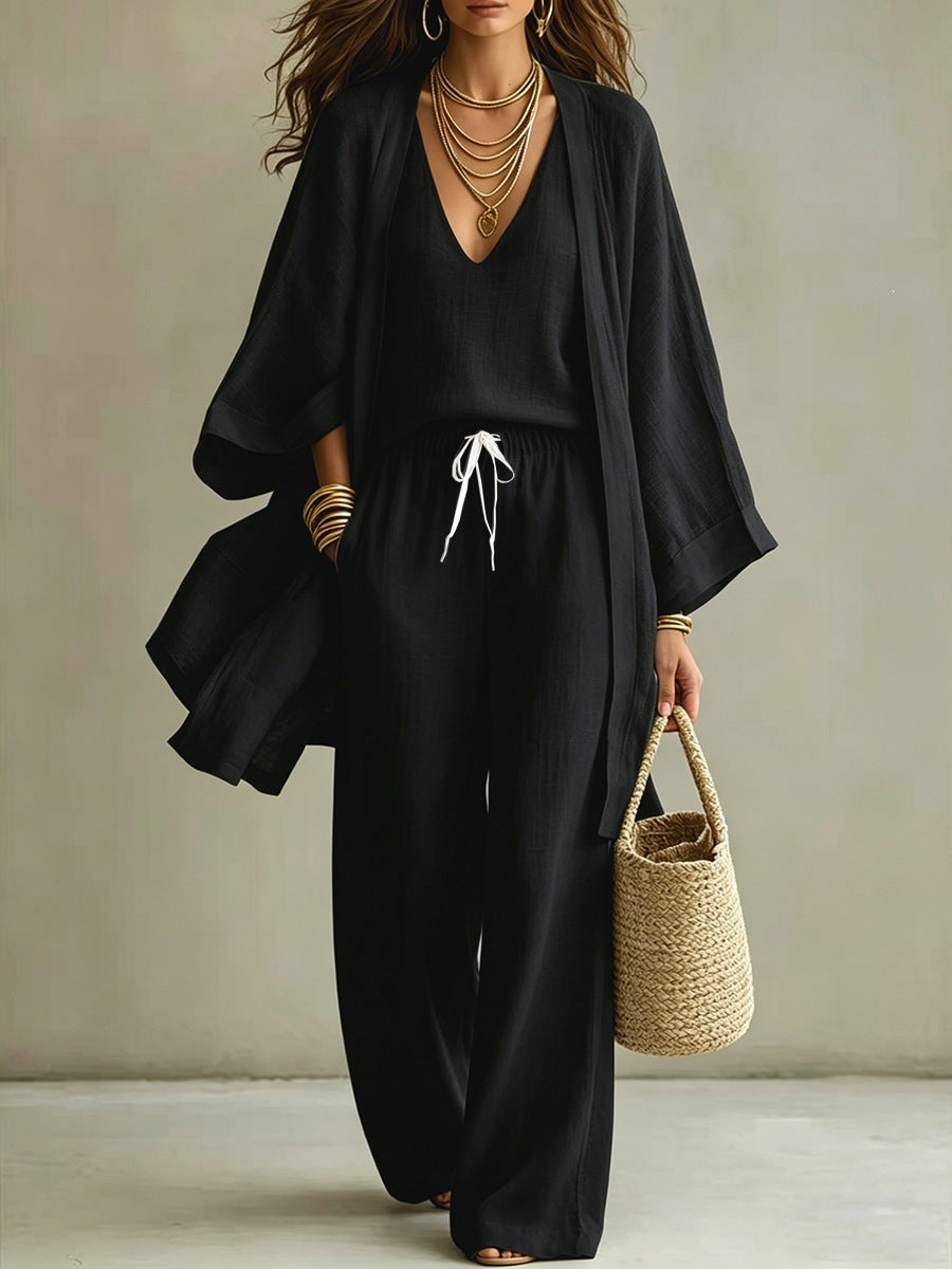 Loose cardigan sleeveless vest long pants three piece set for women-8