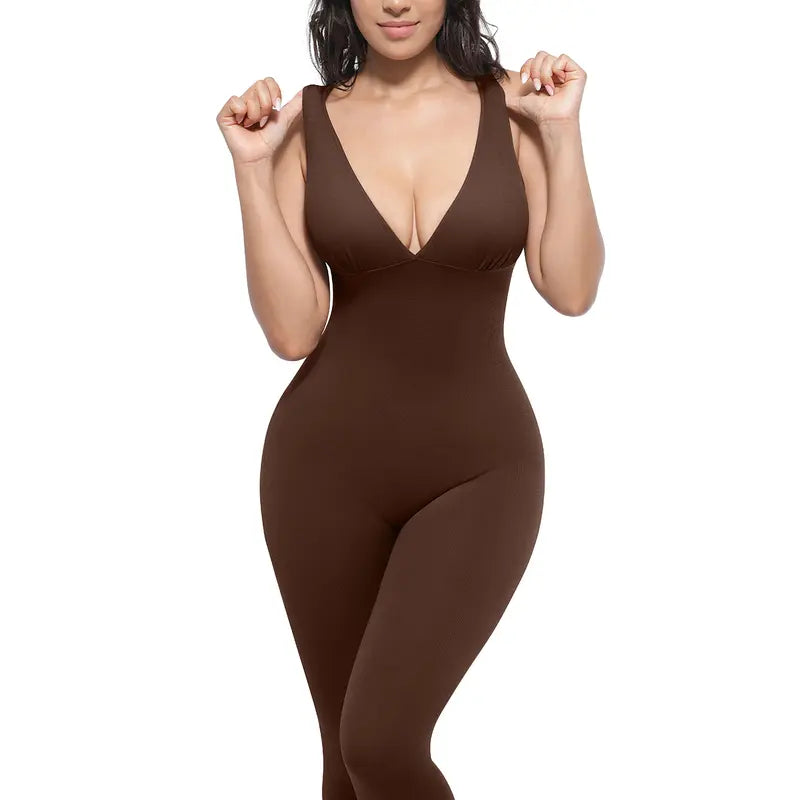 Deep V Shapewear with Chest Support Breathable High-Waisted Tummy Control Jumpsuit-3