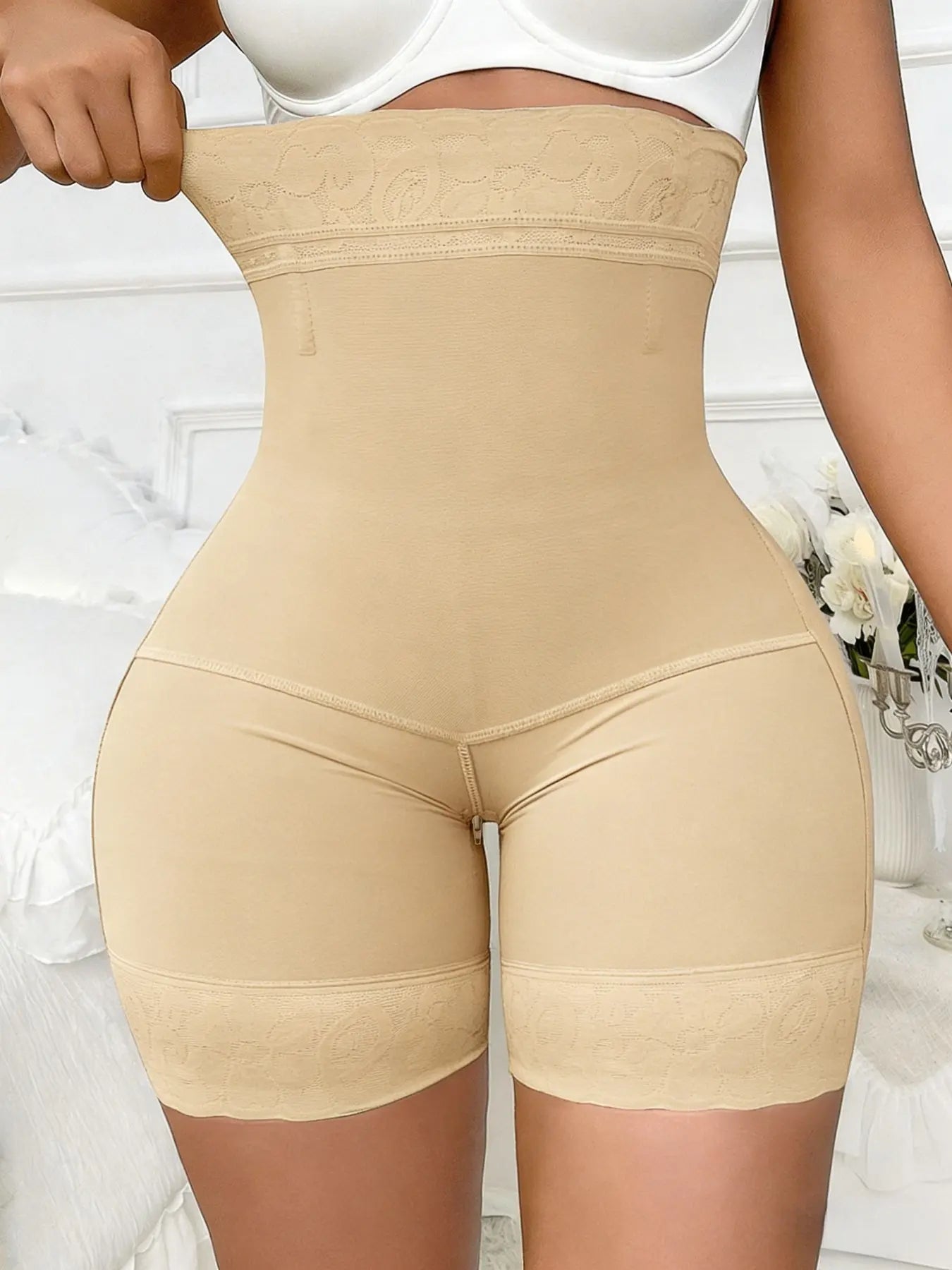 High Waist Tummy Control Shapewear Shorts | Butt Lift Breathable Lace Zipper Shorts-1