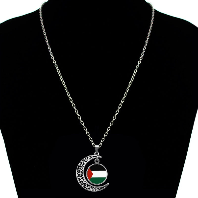 Palestine Time Gem Necklace Hollow Moon Pendant Retro Sweater Chain Accessories-3