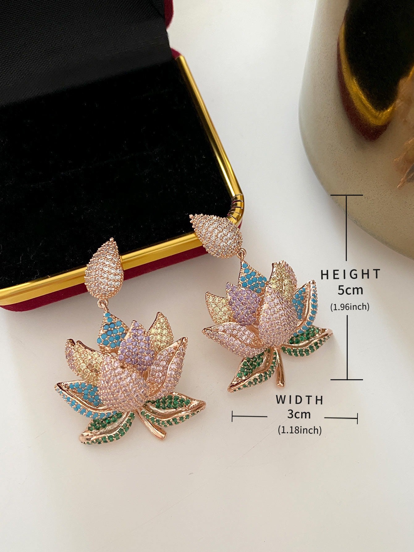 Lotus earrings, plant flower inlaid diamond shaped earrings-2