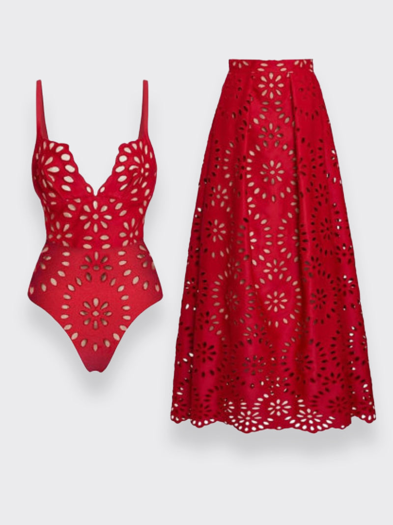 Flower Hollow One Piece Swimsuit and Skirt-20