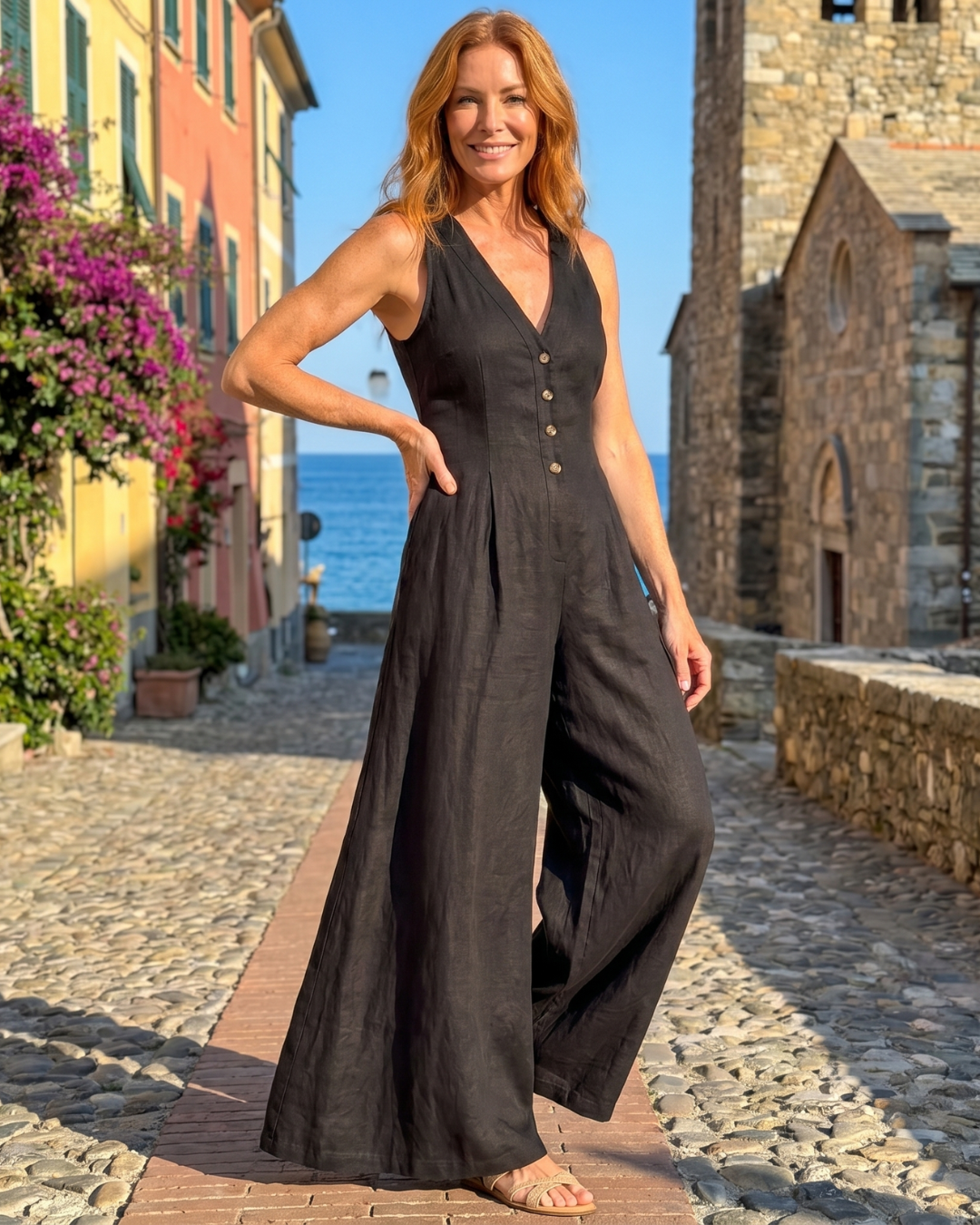 Lyssara | Button Front Sleeveless Wide Leg Relaxed Jumpsuit-8