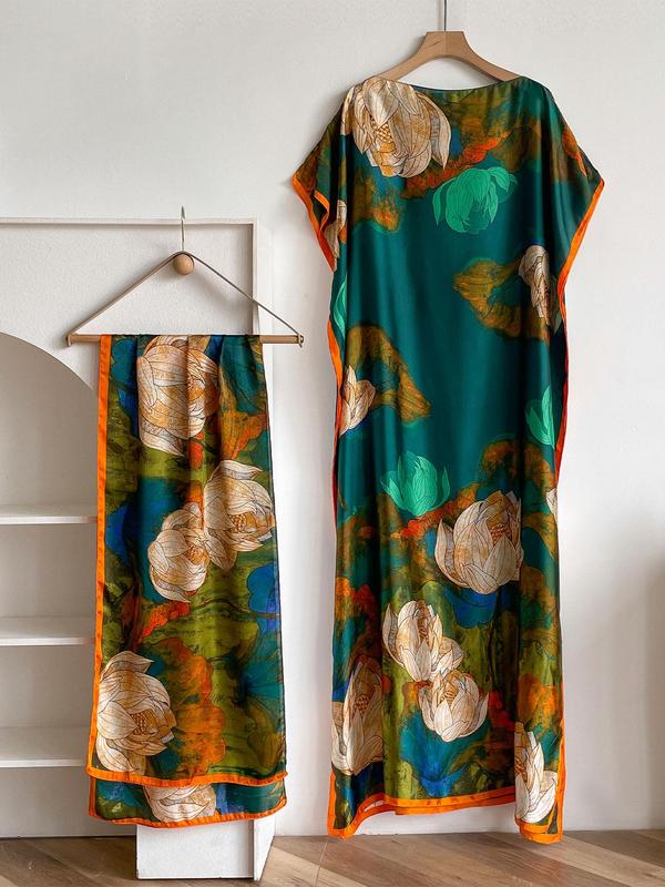 Women's Peacock Print Cape Shawl & Scarf Set – Elegant Beach Swim Cover-Up-12