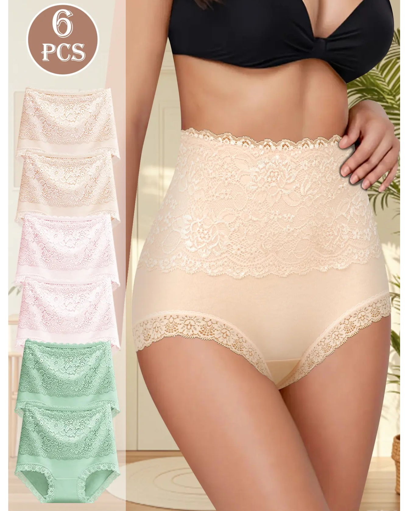 Women's Floral Lace High Waist Hip Lifting Cotton Briefs (3 Pack / 6 Pack)-8