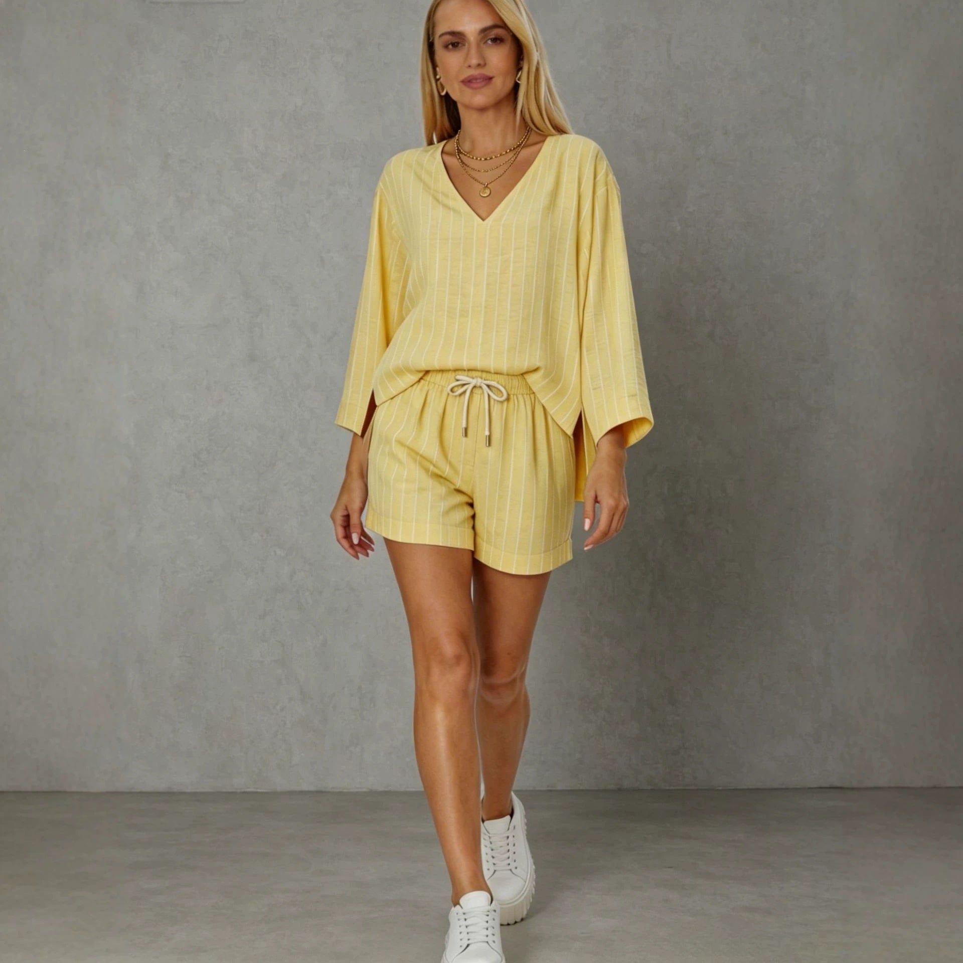 Loose V-neck long sleeved shorts striped set-3