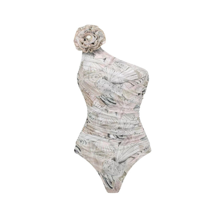 One-shoulder Pure Desire Vacation One-piece Swimsuit Set for Women, Bikini with Wrap Skirt-7